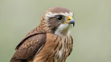 Fototapeta premium Close Up of a Brown Kestrel with Distinct White Beak Isolated on Soft Green Background Showing Feathers and Intricate Details in Natural Lighting