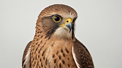 Obraz premium Detailed Brown Kestrel Portrait with White Beak on a Clean White Background in Studio Lighting