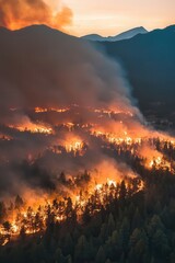 Fototapeta premium Wildfire burning in forest during sunset with thick smoke and flames spreading across trees in mountainous landscape, environmental disaster and climate change.