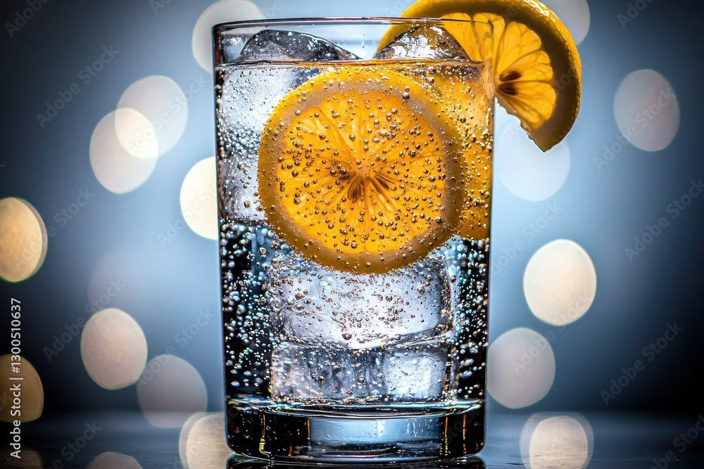 Poster refreshing glass of sparkling water with ice and lemon slices, enhanced by bokeh lights, creating a 