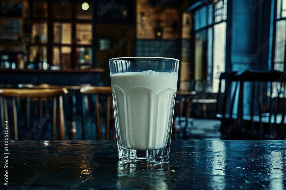 Aufkleber a glass of fresh milk on a rustic wooden table in a cozy cafe setting, creating a warm and inviting 