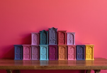 Collection of Colorful Miniature Doors on Wooden Shelf  
