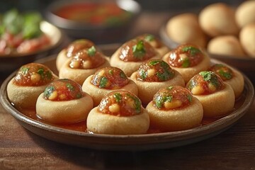 Close-up showcasing Dahi Puri, an Indian snack made from puri filled with savory toppings, garnished with fresh cilantro, served on a wooden platter ready to eat.