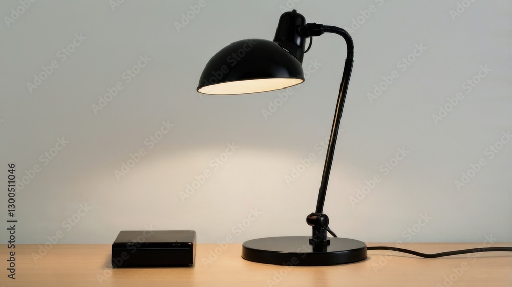 Poster black desk lamp with tall shade on wooden table isolated on white background in studio with minimali