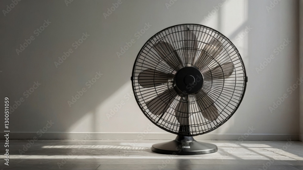 Poster black floor fan with round shade isolated on minimalist setting with natural light on gray floor cre