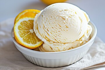 Refreshing lemon ice cream served in a white bowl, adorned with slices of fresh citrus fruits and a linen napkin, perfect summer dessert.