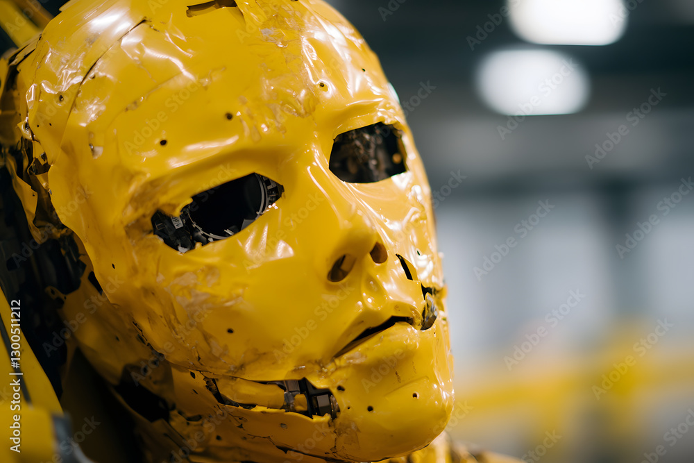Poster dismantled yellow robot: a stark exploration of artificial intelligence and decay in a factory setti