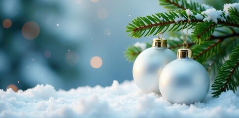 Obraz premium White glass ornaments hanging from a fir branch placed on the snowy border, sparkling, firm