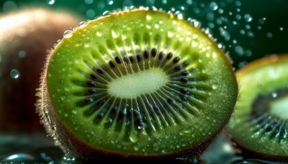  細かい水滴とともに、キウイの断面