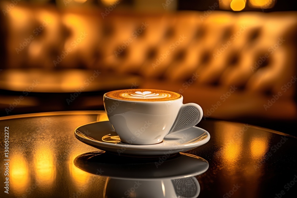 Poster elegant cappuccino with heart-shaped latte art on a glossy table, reflecting warm ambient lighting a