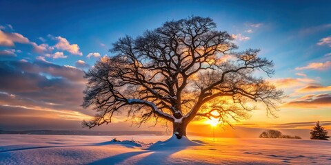 Naklejka premium Ancient tree silhouette, stark against a fiery sunset sky.