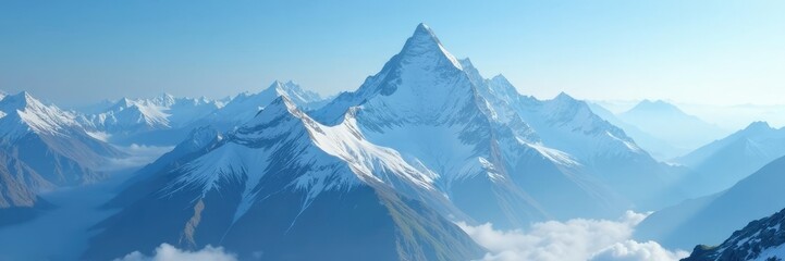 Glacier peak under blue cloudy sky with foggy mist, gentle, fog