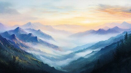 Obraz premium Majestic sunrise over misty mountain valley.