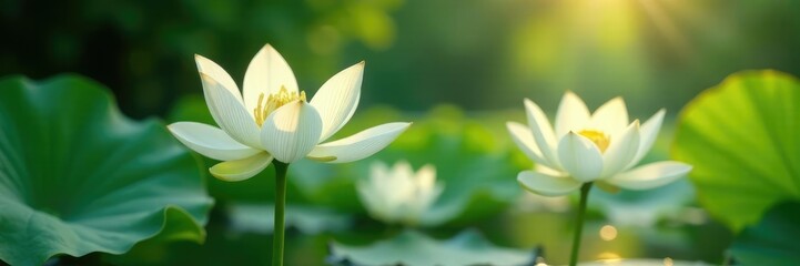 White lotus lily blooms sway gently in the summer breeze, summer, lotus lily
