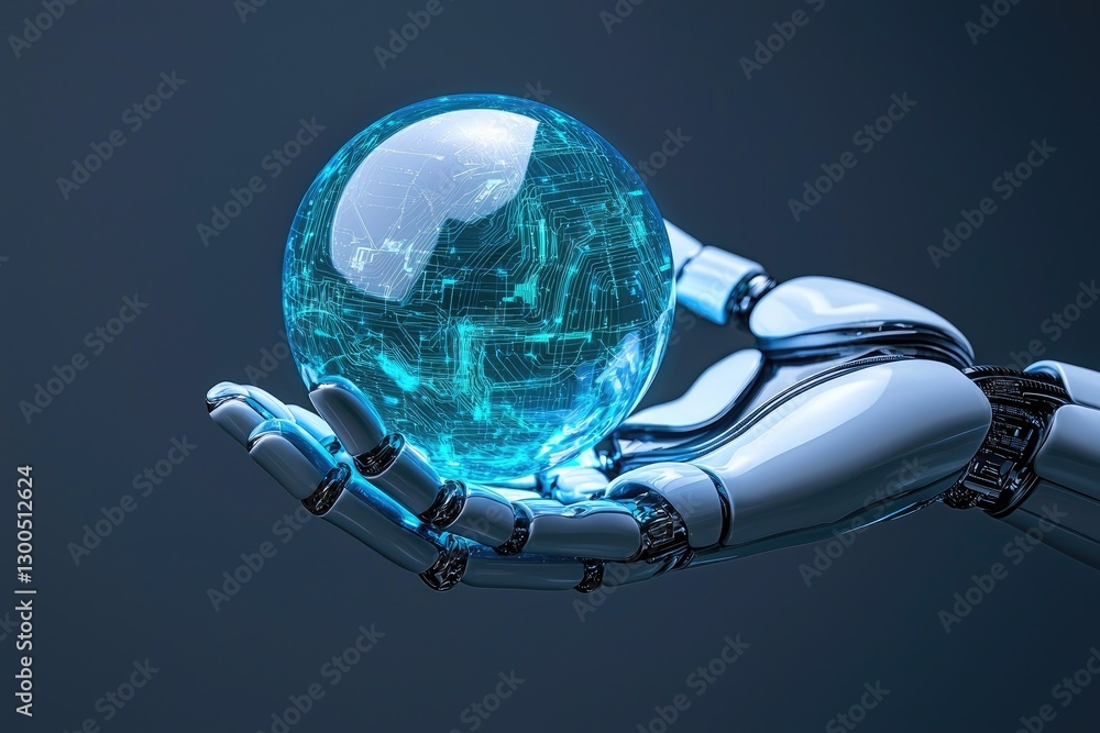 Poster exploring futuristic technology robot hand holding a digital sphere studio environment conceptual ar