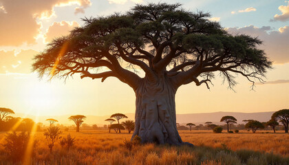 Obraz premium Majestic baobab tree at sunset in the African savannah