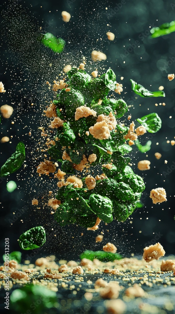 Poster fresh greens blend with nuts and spices in a dynamic culinary explosion captured in a well-lit kitch