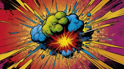 Dramatic Comic Book Explosion Effect with Burst of Radial Energy in Yellow Red Blue and Green Tones
