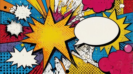 Dynamic Pop Art Comic Book Background with Retro Style Burst Bubbles and Halftone Patterns in Vibrant Yellow Blue and Red