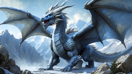 Fototapeta premium Majestic Blue Dragon Spreading Its Wings Over Snowy Mountain Landscape Under Clear Sky