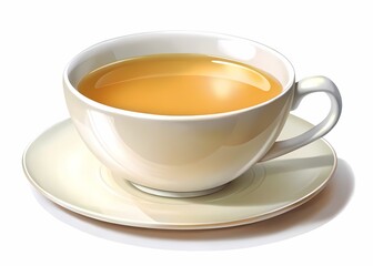 Cup of hot tea on white background - A white ceramic cup filled with hot tea, placed on a matching saucer against a clean white background, creating a minimalistic look.  
