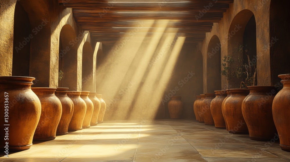 Poster sunlight streams through arches in a rustic hall filled with terracotta pots creating a serene atmos