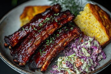 Succulent BBQ ribs coated in glistening sauce, complemented by cornbread and colorful coleslaw, presented as a tantalizingly appetizing comfort food feast for any occasion.