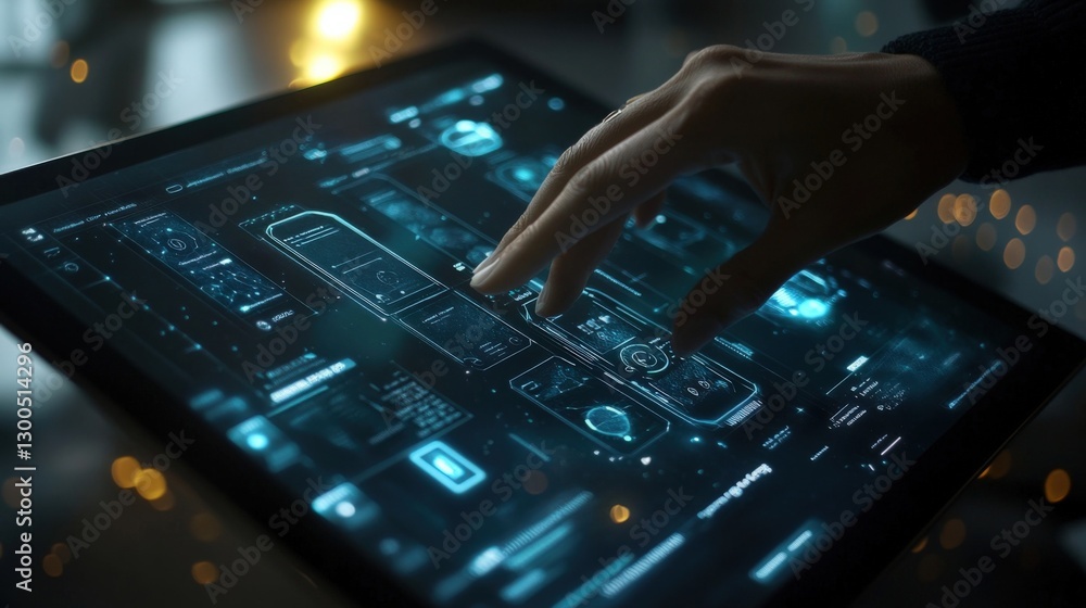 Poster a closeup of a tablet in a designers hands showcasing a detailed mockup of a mobile app interface. t