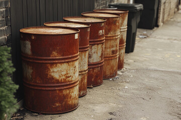 Fototapeta premium Rusted barrels stacked haphazardly along a city alleyway near a brick wall on a secluded street