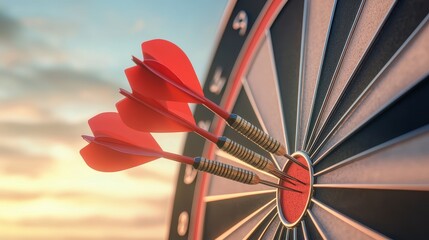 Red Darts Hitting Bullseye on Dartboard at Sunset