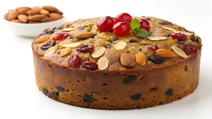 A classic fruit cake with a rich, moist texture, packed with dried fruits and nuts, isolated on a clean white background.