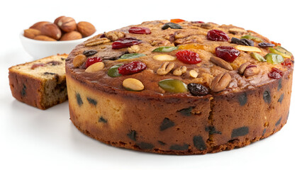 A classic fruit cake with a rich, moist texture, packed with dried fruits and nuts, isolated on a clean white background.