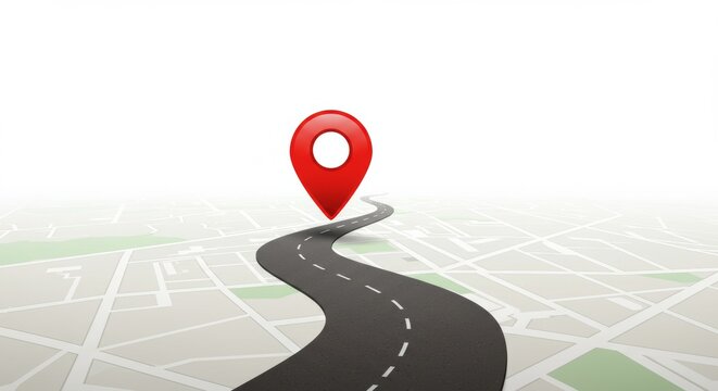 Minimalist vector illustration of road leading to a red map pin on city map