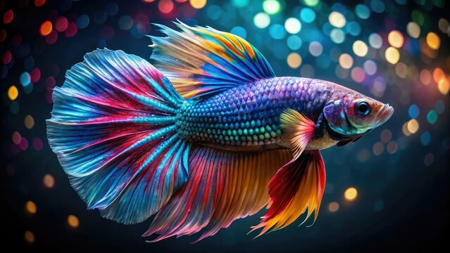 Close-up macro shot reveals iridescent Betta imbellis, its vibrant hues popping against a dark backdrop.