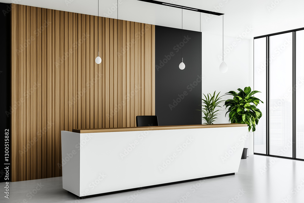 Poster displaying sleek lines and a warm color palette, this reception area creates a welcoming environment