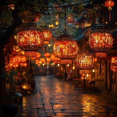 Obraz premium Array of traditional Chinese lanterns for Lunar New Year celebrations – Generative AI