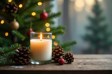 Glass votive candle and pinecones on wooden table beside the Christmas tree, candle, rustic, forest