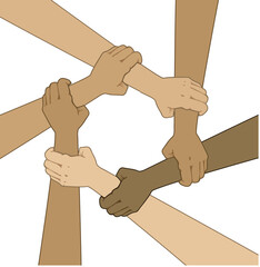 Hands of people of different nationalities Multiethnic holding each other. The concept of friendship and equality. Teamwork rejecting racism despite different skin color, ethnicity, cult solidarity