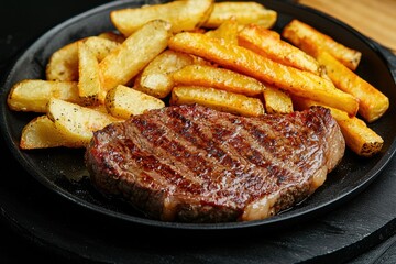 A perfectly grilled juicy steak served with crispy, golden, and delicious potato fries presented on a black plate, ready for a savory and satisfying meal.