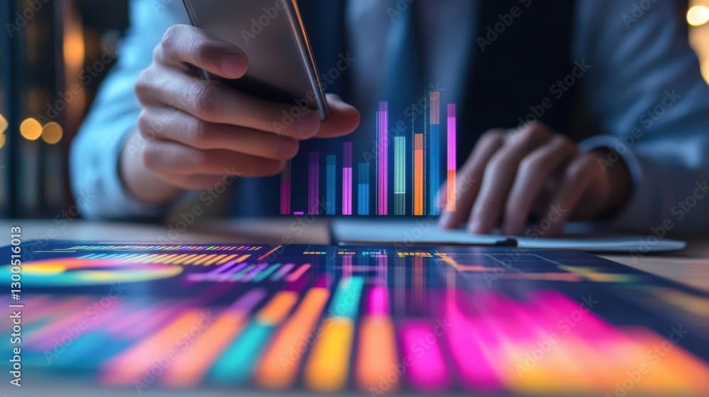 Poster businessman using smartphone and digital tablet displaying colorful charts and graphs, indicating da
