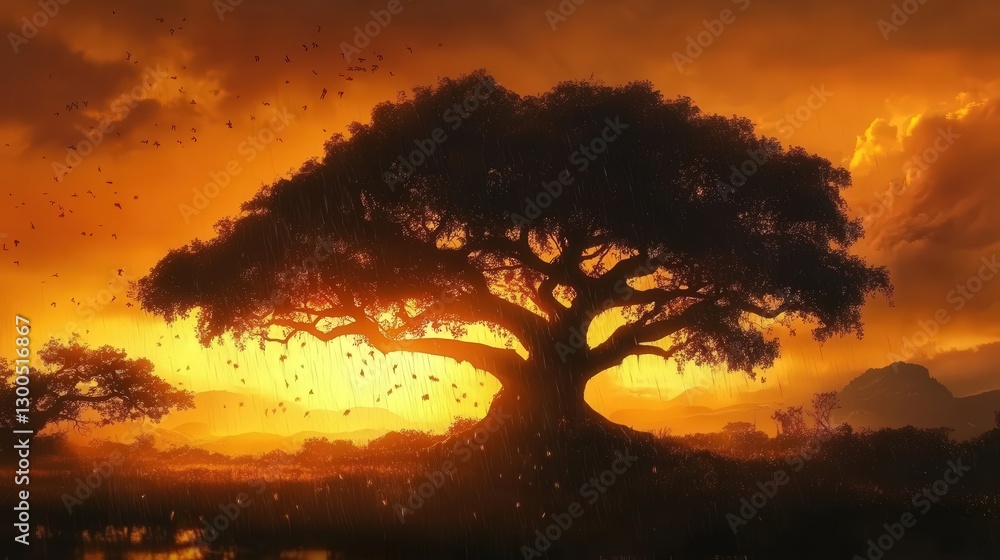 Poster sunset scene where golden light filters through the rain tree branches.