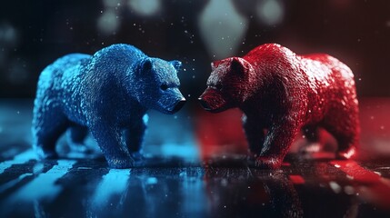 The red and blue bears are facing each other, fire and ice fight