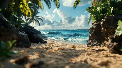 A serene tropical beach scene featuring tall palm trees and a clear blue sky. Perfect for travel, vacation, and tropical-themed projects. Ideal for posters, wallpapers, brochures, and advertisements.