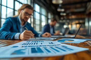 In a contemporary office filled with natural light, executives engage in a focused strategy session, reviewing various data charts and reports, aiming to drive informed business decisions