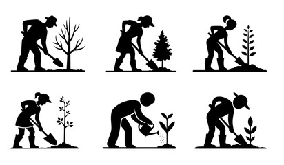 Obraz premium Silhouettes of people gardening, planting trees, watering, and tending, vector illustration, isolated on white background, Arbor Day, spring, nature care designs