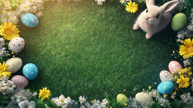 Easter family decoration spring garden colorful eggs and bunny outdoor atmosphere top-down perspective festive concept