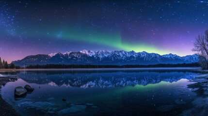 Behold the Majestic Aurora Borealis Dancing Over SnowCapped Mountains and a Calm Reflective Lake Below
