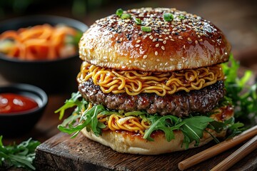 Unique gourmet burger featuring noodles, fresh greens, and sesame seed bun served on a rustic wooden board with colorful side dishes