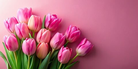 Delicate pastel pink tulips bloom against a minimalist background, offering ample space for text.