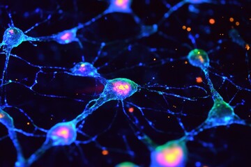 Stunning Close-up of Colorful Neurons in a Network, Vibrant Patterns of Synapses and Axons Illuminated Against a Dark Background in a Representation of Neural Activity